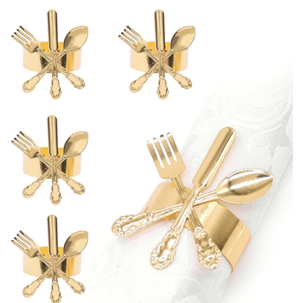 Napkin Ring Holders - Gold Fork Spoon and Knife Design Wedding Decor 6 Pack